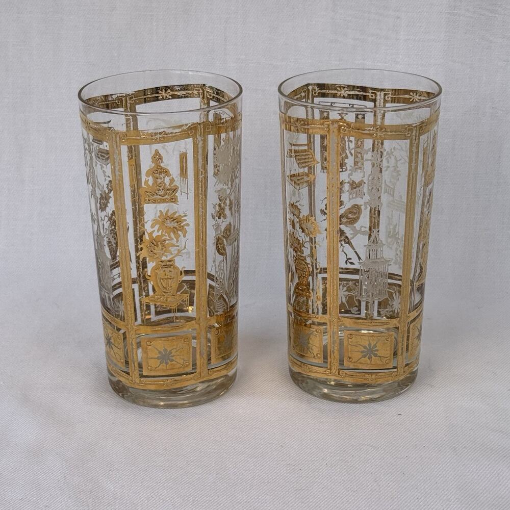 Vintage‎ Culver 22KT Gold Asian Theme Highball Glasses MCM Pair READ